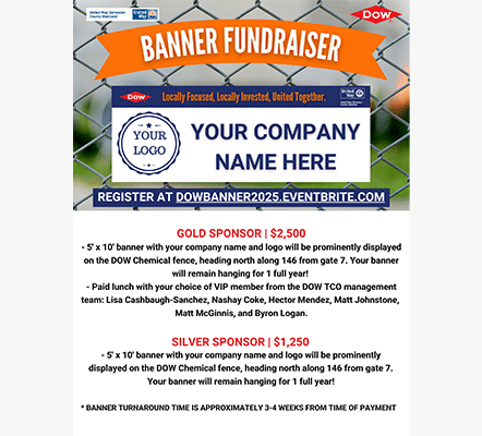 Promotional flyer for a banner fundraiser. There are sponsorship options: Gold Sponsor for $2,500 and Silver Sponsor for $1,250. Banners will be prominently displayed. Registration is available at dowbanner2025.eventbrite.com.
